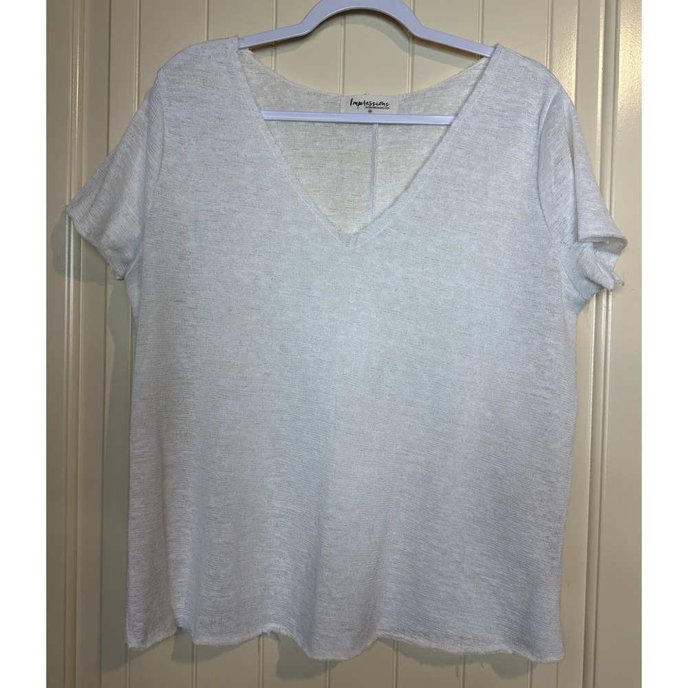 Impressions white lightweight open knit short sleeve oversized top blouse sz M